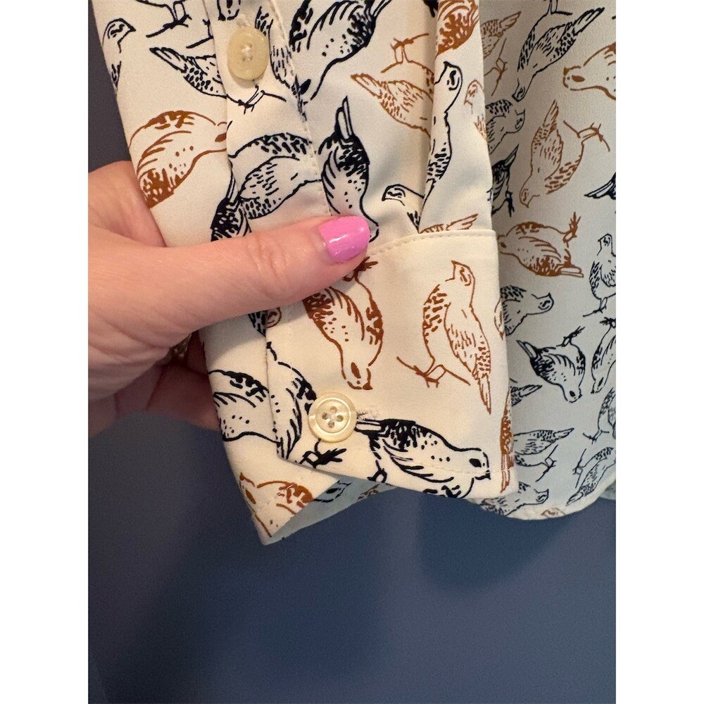 Ellen Tracy Button-Up Blouse Womens XS Ivory Bird Print Oversized Long - Picture 4 of 8